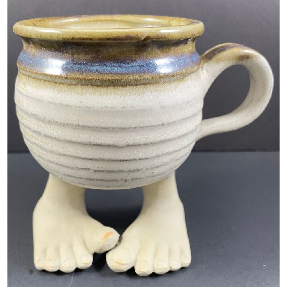Five Bridges Inc Mug Troll Foot Feet Toes Pottery Handmade Tan Blue 1978 Vintage